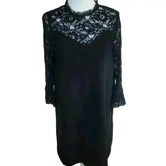Zara Basic Dress Lace Detail Mini Shift Black Medium Chic Party Cocktail Sexy - Picture 2 of 11